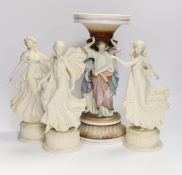 Three Wedgwood Dancing Hours figurines and a 19th century porcelain three graces centrepiece,