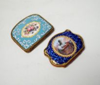 Two 19th century French or Swiss enamelled purses, One finely painted with a spaniel seated on a