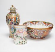 An 18th century Chinese Mandarin pattern bowl and mug, and a 19th century Canton famille rose vase