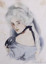 Watercolour, Portrait of Marie Antoinette with masquerade mask, indistinctly signed possibly