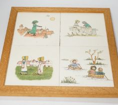 A set of four oak framed Minton tiles outside decorated illustrations after Kate Greenaway, 34 x