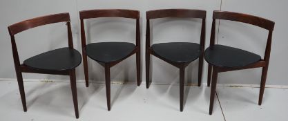 Hans Olsen for Frem Rotle, a set of four aphromosia tripod dining chairs, width 50cm, depth 41cm,