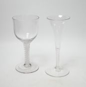 A Georgian goblet with DSOT stem and flute with single opaque twist stem, flute 18cm (2)