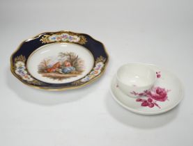 A 19th century Meissen plate and a late 18th century Meissen tea bowl and associated saucer, plate