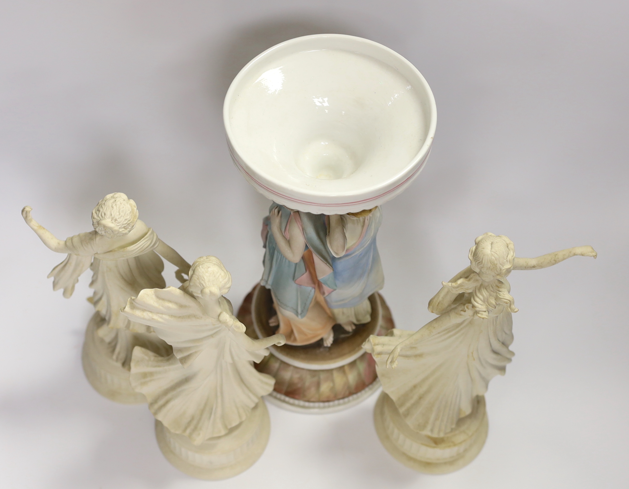 Three Wedgwood Dancing Hours figurines and a 19th century porcelain three graces centrepiece, - Image 3 of 5