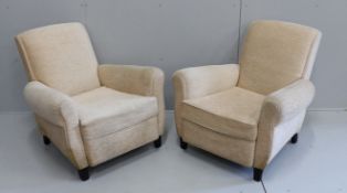 A pair of 1950's Italian armchairs in Bugatti style, width 84cm, depth 86cm, height 78cm