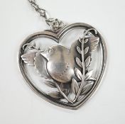 A Georg Jensen sterling heart shaped 'Robin with frond' pendant, on chain, design no. 97, width