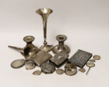 A modern pair of silver mounted dwarf candlesticks and other sundry silver items including cigarette