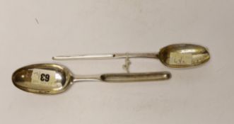 Two mid 18th century Irish silver combination marrow scoop spoons, marks rubbed, longest 22.8cm, 126