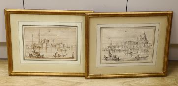 Italian School, pair of monochrome and sepia ink and washes, Venetian canals with gondolas, 18 x