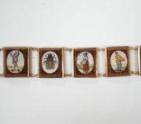 An Italian yellow metal, micro mosaic and goldstone set bracelet, with panels of Italian figures and