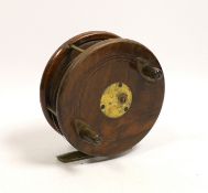 A David Slater patent 5 inch Starback centre pin fishing reel, brass mounted walnut with twin horn