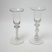 Two Dutch DSOT stem glasses, with bell-shaped bowls, one with three knops, the other with one knop
