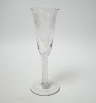 A George III hop and barley ale glass, with DSOT stem and engraved with hops and barley, 18cm