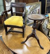 A Regency mahogany child's elbow chair, width 50cm together with an Edwardian inlaid mahogany candle