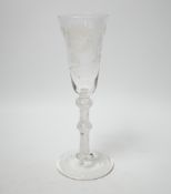 An 18th century Jacobite ale glass with double knop and air twist stem, engraved with a rose, 20.