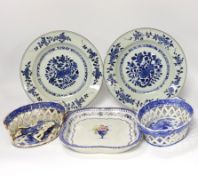 A Chinese porcelain serving dish and a pair of plates, and a pair English blue and white chestnut