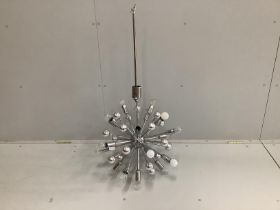 A mid century style spherical chrome 'explosion' ceiling lamp, height 100cm