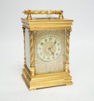 A French hour repeating silver dial carriage clock, 16.5cm high