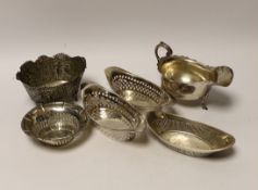 A George V silver sauce boat, three silver bonbon dishes, a small silver bowl and a Hanau white