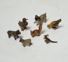 Seven tiny Austrian cold painted bronze animals, squirrel 2cm tall