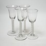 Four 18th century Dutch wine glasses with DSOT stems, three with bell-shaped bowls, one example with