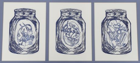 Holly Norris (contemporary), screenprint triptych, 'Kilner jars and beach findings', each signed and