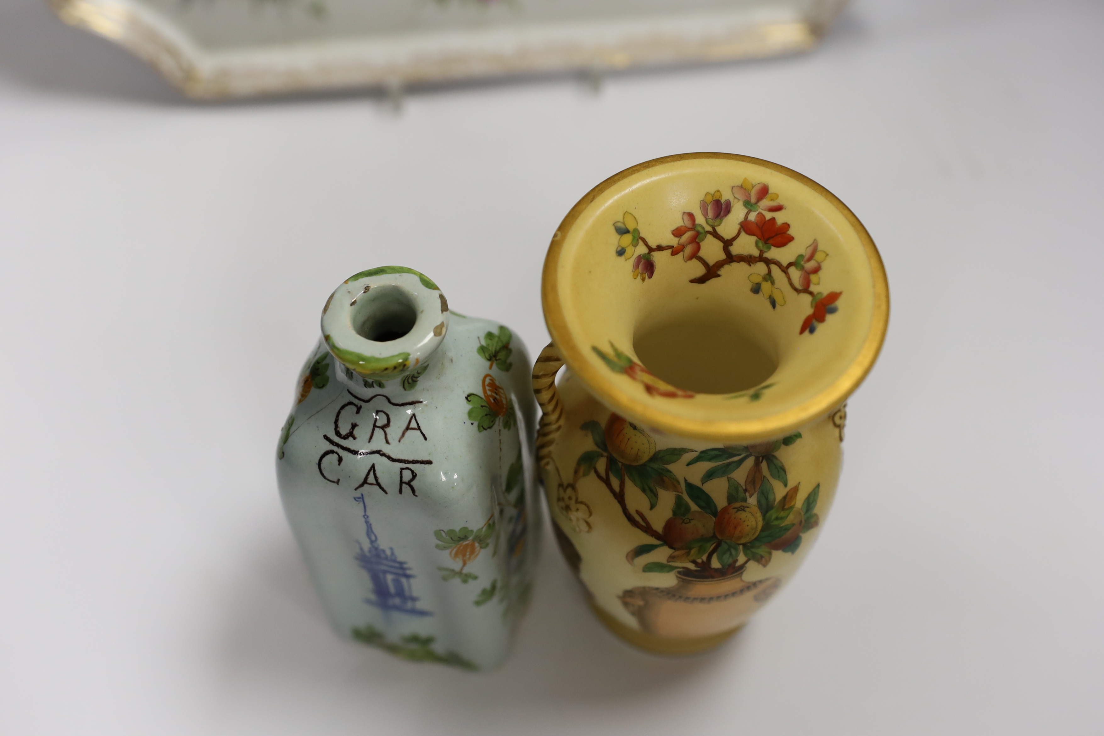 A Dresden porcelain floral dish, Cantagalli caddy and three Paris vases, largest 33cm wide - Image 8 of 11