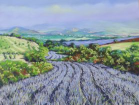 Terence Hemmings (contemporary), pastel, 'Lavender fields of Tuscany', signed, details verso, 47 x