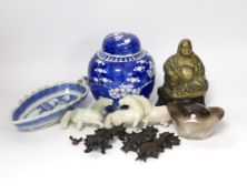 Oriental items including an 18th century Chinese Export dish, bronze buddha, ginger jar etc, largest