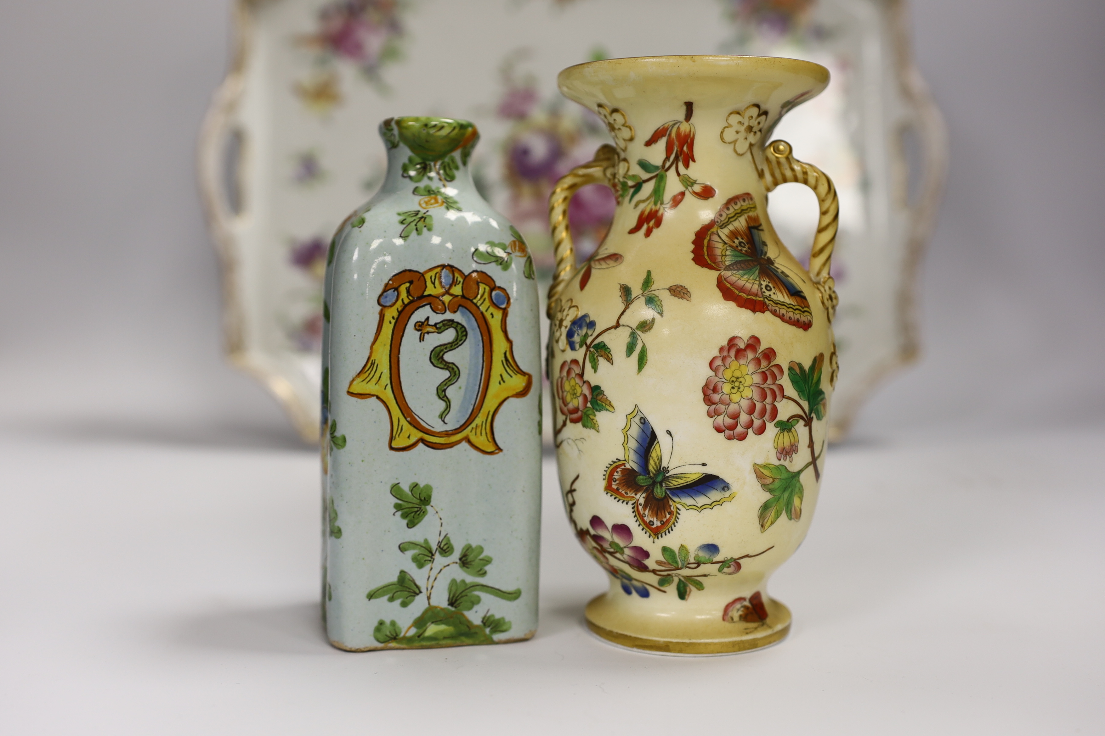 A Dresden porcelain floral dish, Cantagalli caddy and three Paris vases, largest 33cm wide - Image 6 of 11