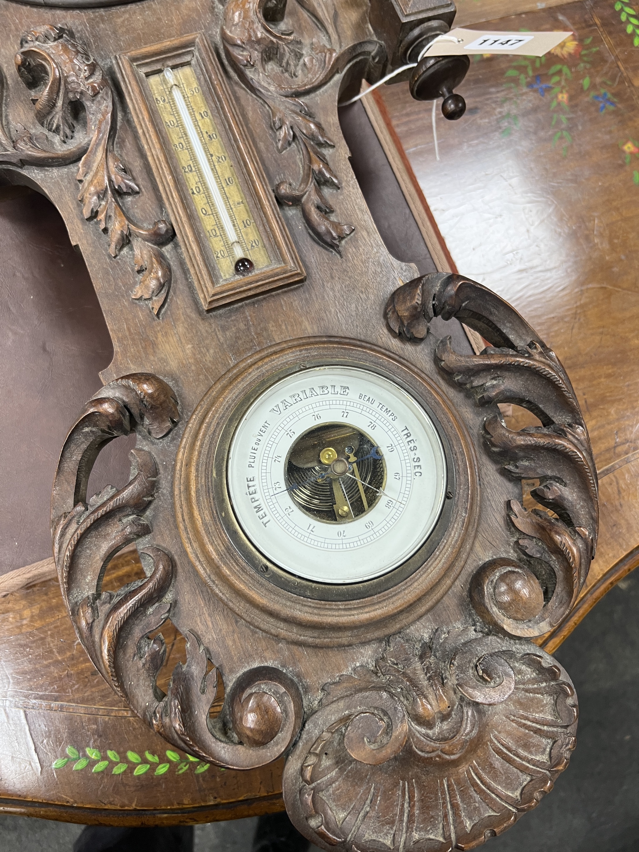 A late 19th century French carved walnut wall clock combined thermometer and barometer, dial and - Image 10 of 11