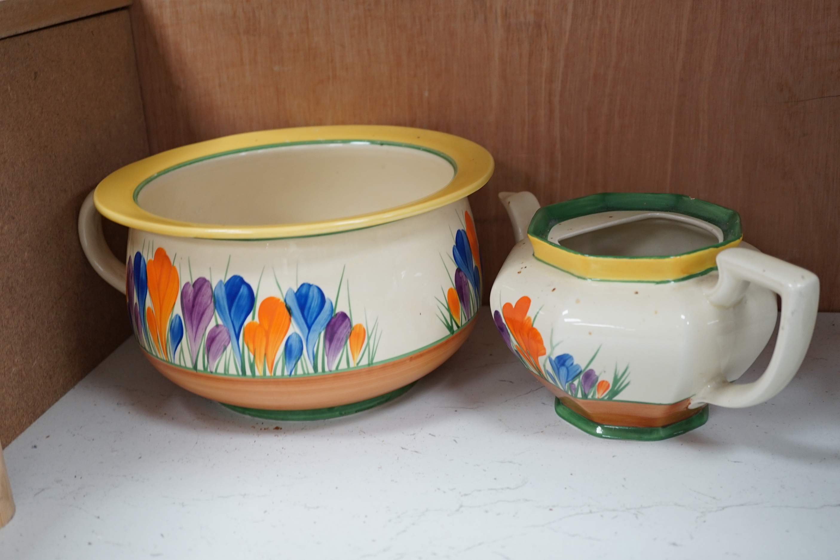 A Clarice Cliff Crocus pattern jug and basin, chamber pot and teapot with cover missing, basin - Image 2 of 6