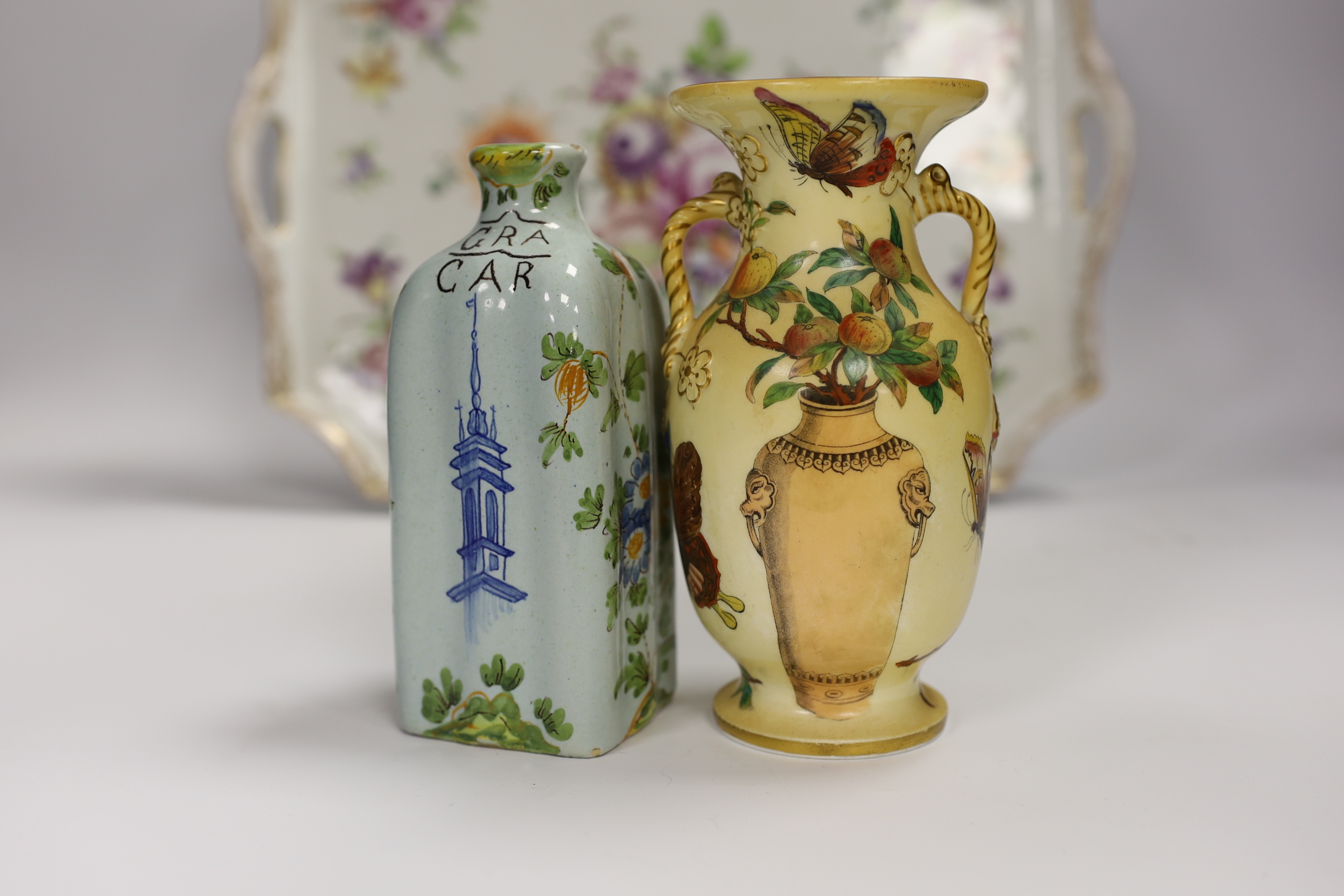 A Dresden porcelain floral dish, Cantagalli caddy and three Paris vases, largest 33cm wide - Image 7 of 11