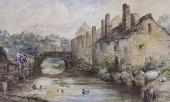 Frederick Davis (fl.1853-1892), watercolour, Bridge over stream with children fishing, signed and