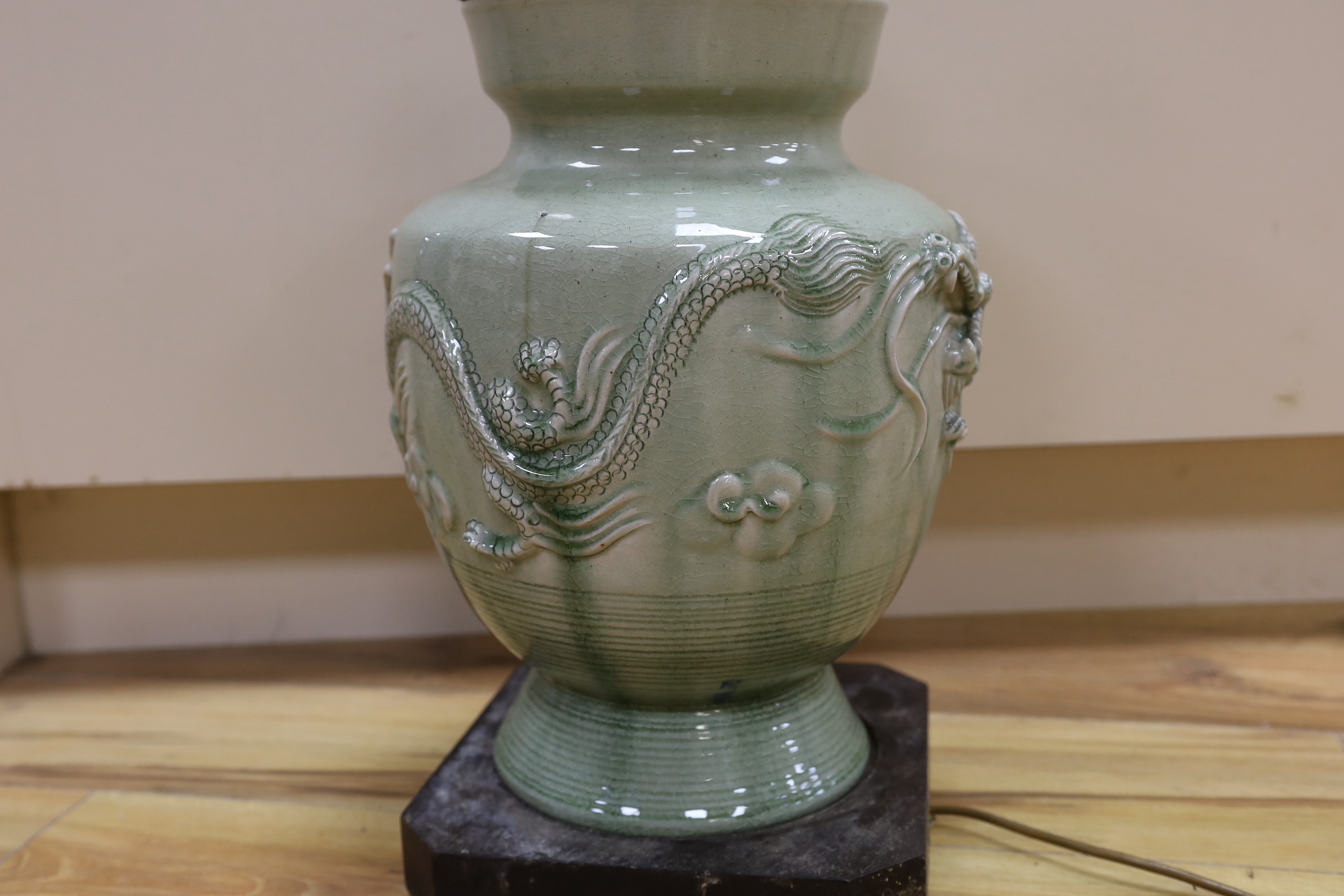 A Chinese celadon glazed lamp, 55cm high - Image 3 of 5