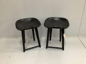 A pair of Craig Bassam and Scott Fellows black lacquer ash stools, width 43cm, depth 34cm, height