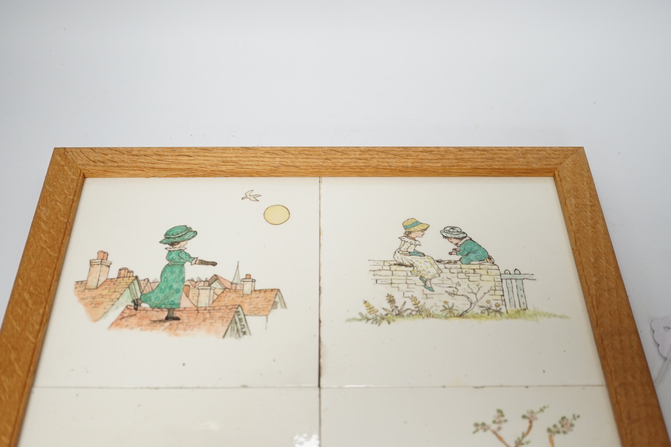 A set of four oak framed Minton tiles outside decorated illustrations after Kate Greenaway, 34 x - Image 2 of 3