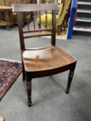 A set of six Regency Provincial mahogany wood seat dining chairs, width 48cm, depth 39cm, height
