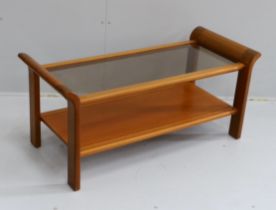 A mid century teak glass top two tier coffee table, length 113cm, depth 49cm, height 50cm