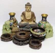 A pair of Chinese cloisonné enamel vases and a bowl on stand, two soap stone lion dogs, a carved and