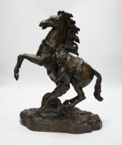 An early 20th century bronze Marly horse group, 40cm