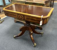 A Regency satinwood banded mahogany side table, adapted, width 90cm, depth 45cm, height 72cm.