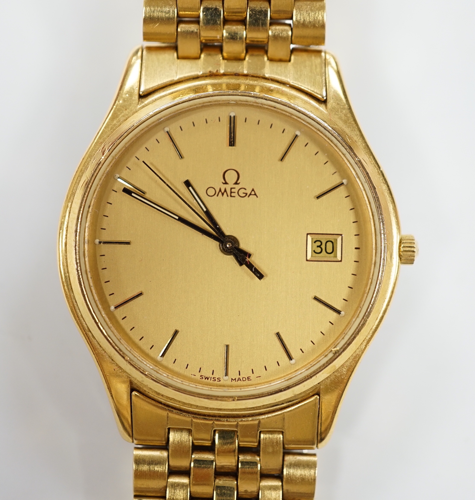 A gentleman’s steel and gold plated Omega Seamaster quartz wristwatch, with box or papers.