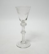18th-century wine glass with air twist stem, double knop, engraved with fruiting vines, 15cm