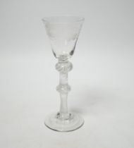 18th-century wine glass with air twist stem, double knop, engraved with fruiting vines, 15cm