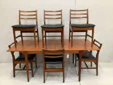 A mid century Danish design teak extending dining table, 184cm extended, width 86cm, height 73cm and