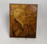 An Arts and Crafts marquetry panel by Camm & Co, portrait of a lady, signed verso, 25cm x 19cm