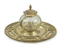 A Victorian silver gilt circular inkstand, by Robert Hennell III, with single mounted glass well and
