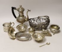 A quantity of silver and white metal items including a continental filigree basket, small silver